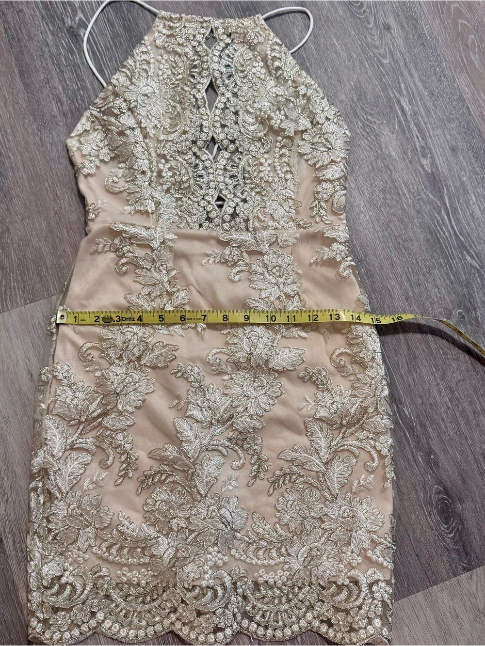 Gold Embellished Halter Mini Dress in Champagne - Size Small - Picture 6 of 7
